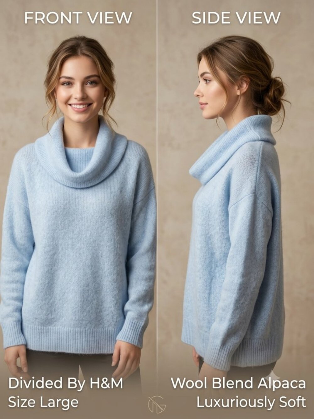 H&M Divided Light Blue Cowl Neck Wool Blend Alpaca Sweater Soft Cozy Size Large